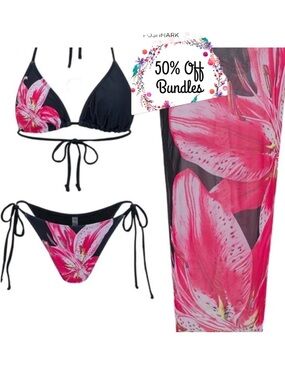 Floral Pink and Black Bikini Set